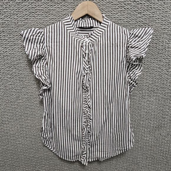 Dokotoo Tops - DOKOTOO Women’s Brown White Striped Ruffle Sleeve Button Front Blouse Size M
